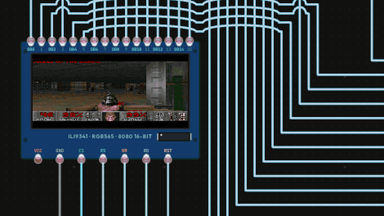 Real Doom running on a virtual ESP32-S3 painting an ILI9341 over the LCD_CAM i80 bus