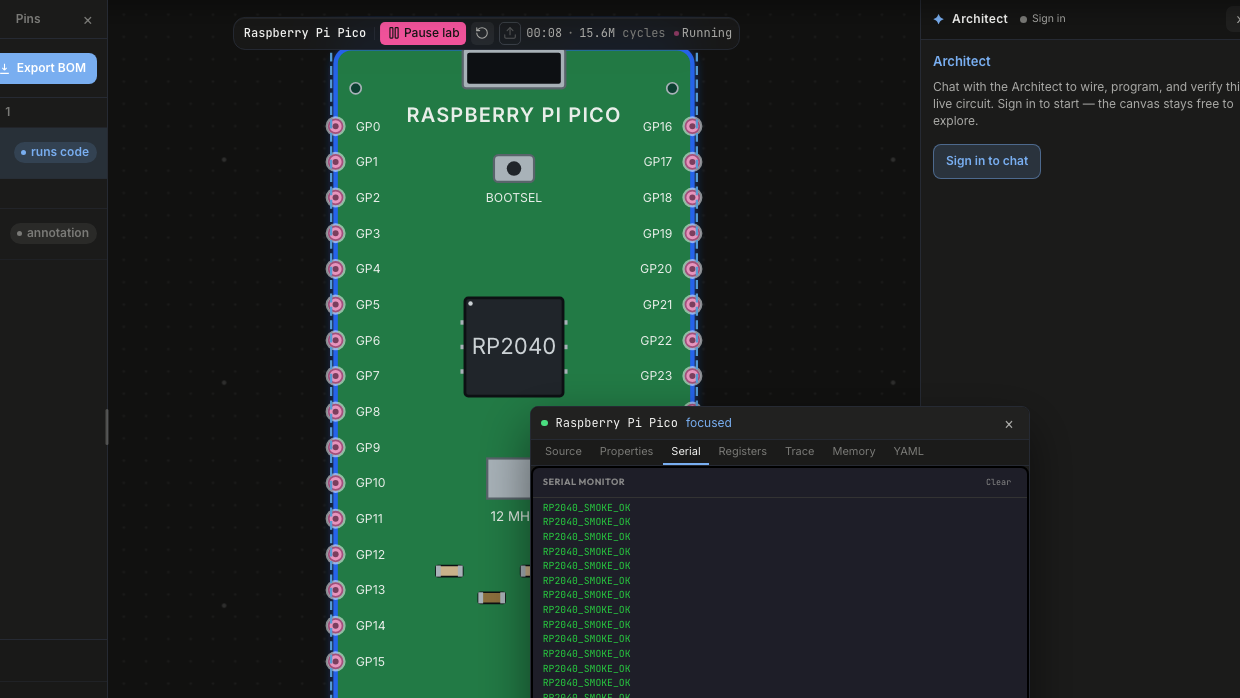 Raspberry Pi Pico running firmware with RP2040 serial evidence