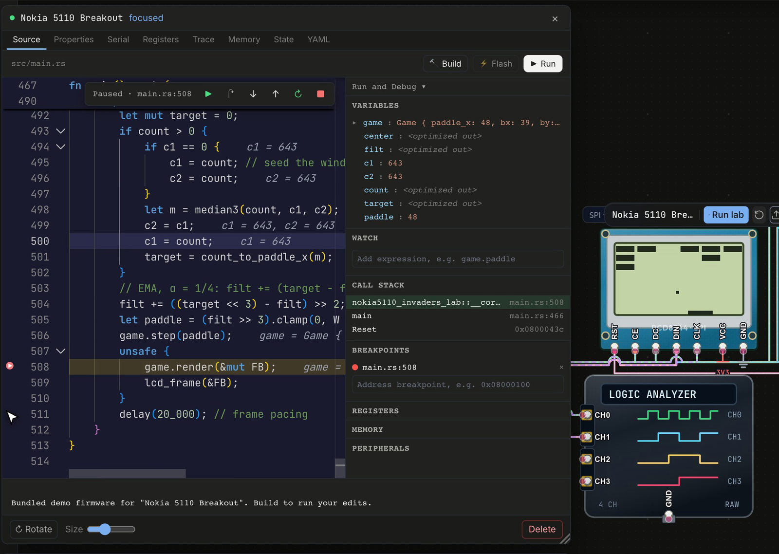 The code view paused on line 508 of main.rs. The line is highlighted, values such as c1 = 643 show inline, the Variables panel shows game, c1, c2 and paddle with real values, and the Call Stack shows main.rs:508, main and Reset. The Nokia 5110 LCD beside it is frozen mid-frame.