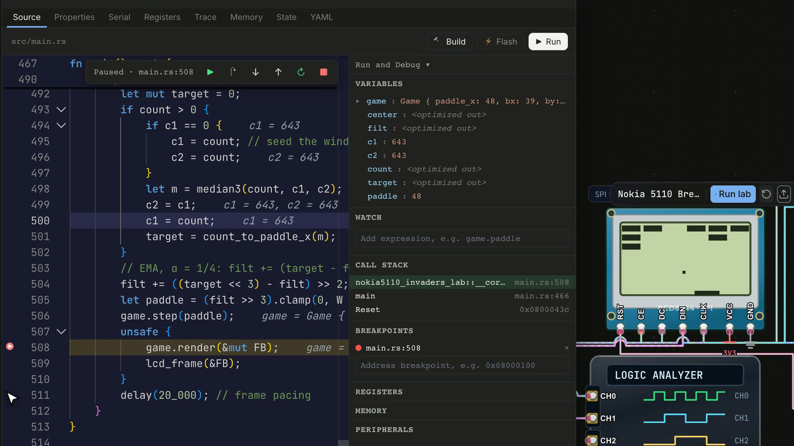 The LabWired code view paused on line 508 of a Rust game loop, with variables and call stack beside the code and the Nokia 5110 LCD frozen mid-frame.