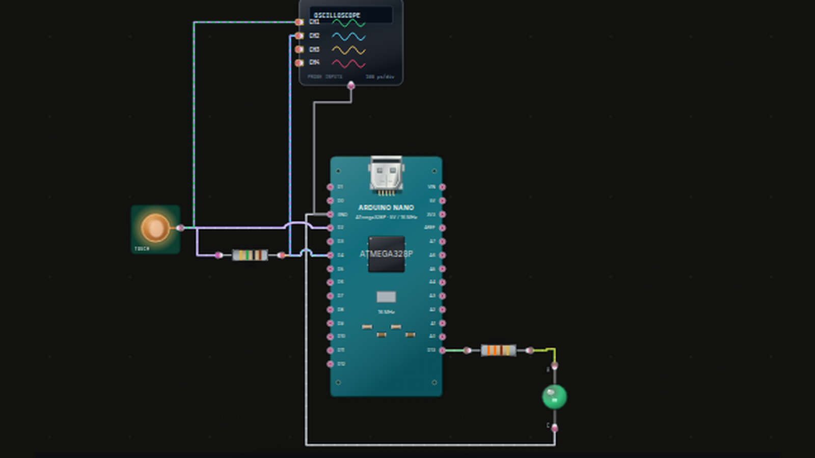 Arduino Nano, touch pad and live oscilloscope in the simulated lab.