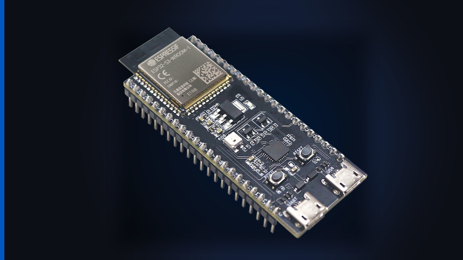 ESP32-S3-DevKitC-1 development board with an ESP32-S3-WROOM-1 module, two 22-pin headers, BOOT and RST buttons, and USB-C plus USB-to-UART ports.