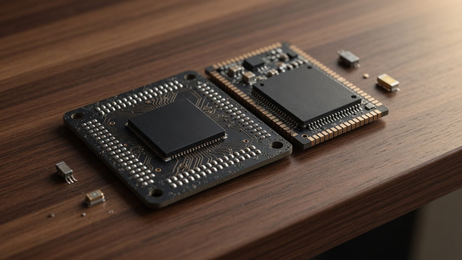 Two small development boards sit side by side on a wooden desk.