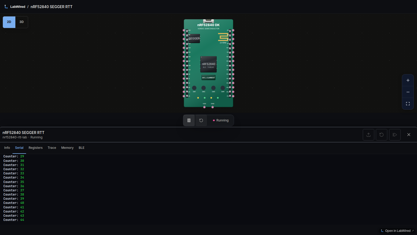 The nRF52840 SEGGER RTT lab. The Serial pane shows the log text.