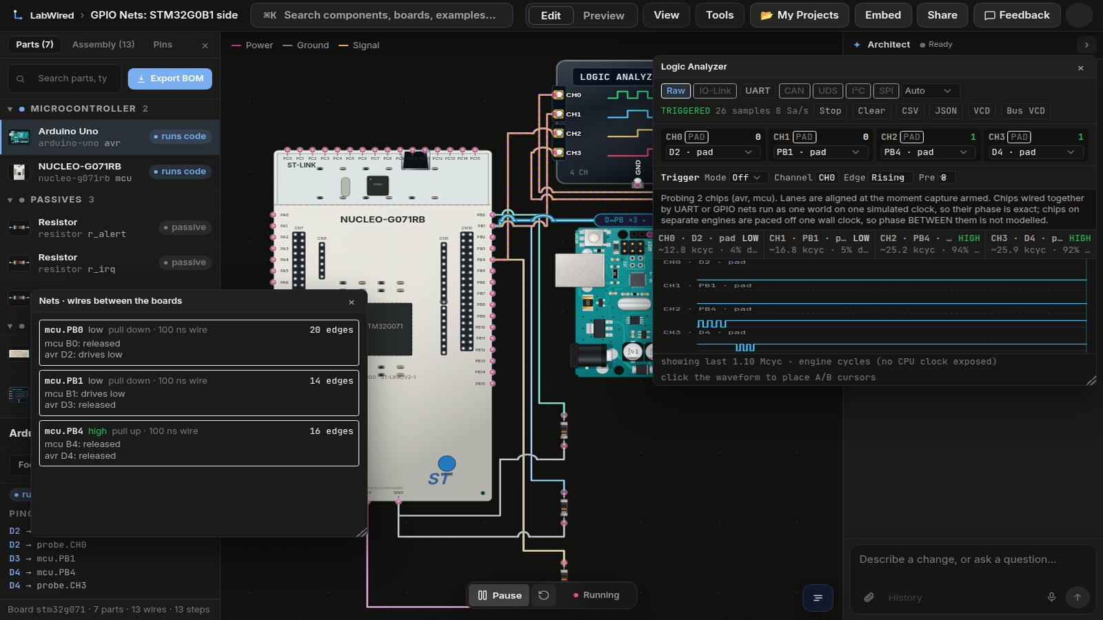 An STM32G0B1 and an Arduino Uno joined by three wires in the LabWired playground.