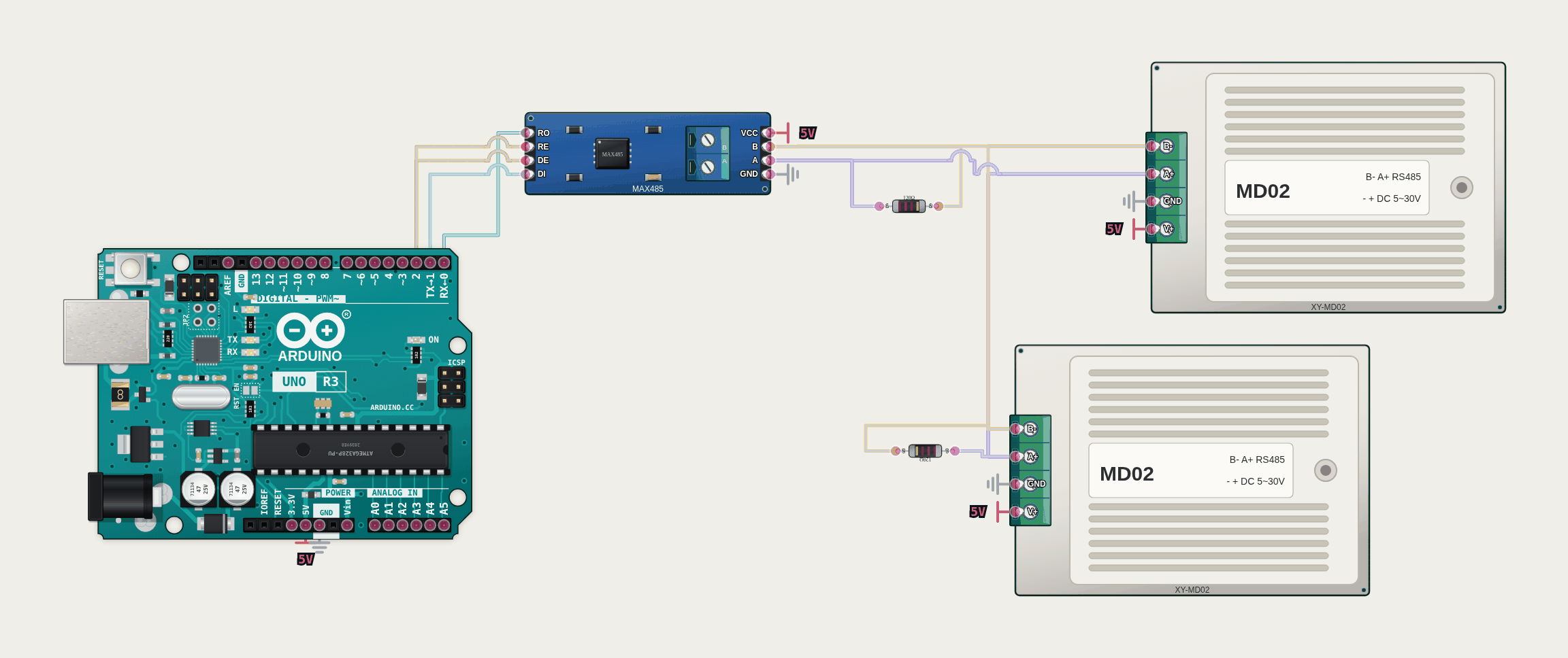 Arduino Uno wired to a MAX485: D1 to DI, D0 from RO, D2 to DE and RE. The A/B pair runs to two XY-MD02 sensors, with a 120 ohm resistor across the pair at each end.