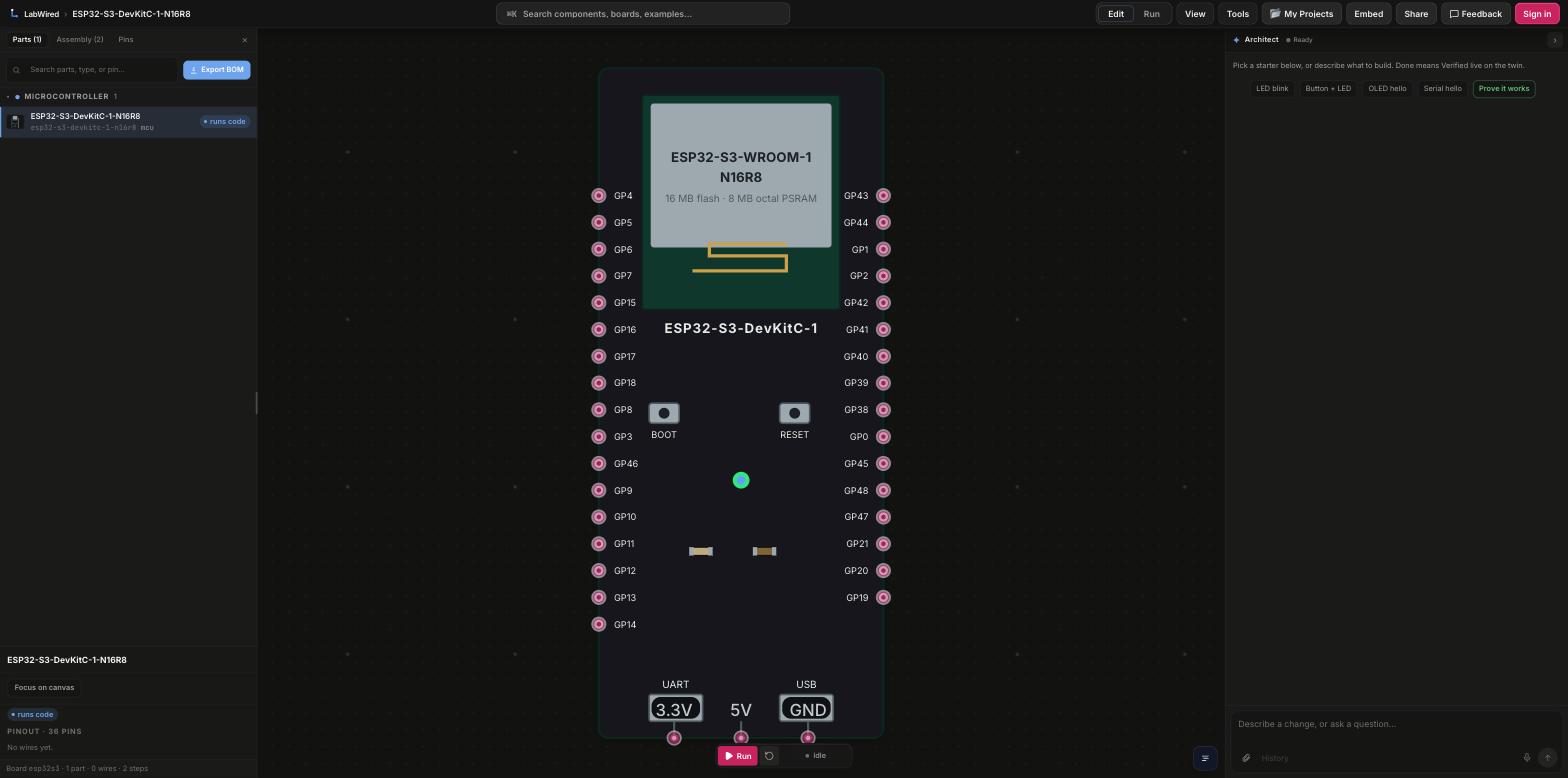The LabWired Playground has an ESP32-S3-DevKitC-1-N16R8 on the canvas. The left header starts at GP4 and GP5. The parts list on the left shows the board as the only part.