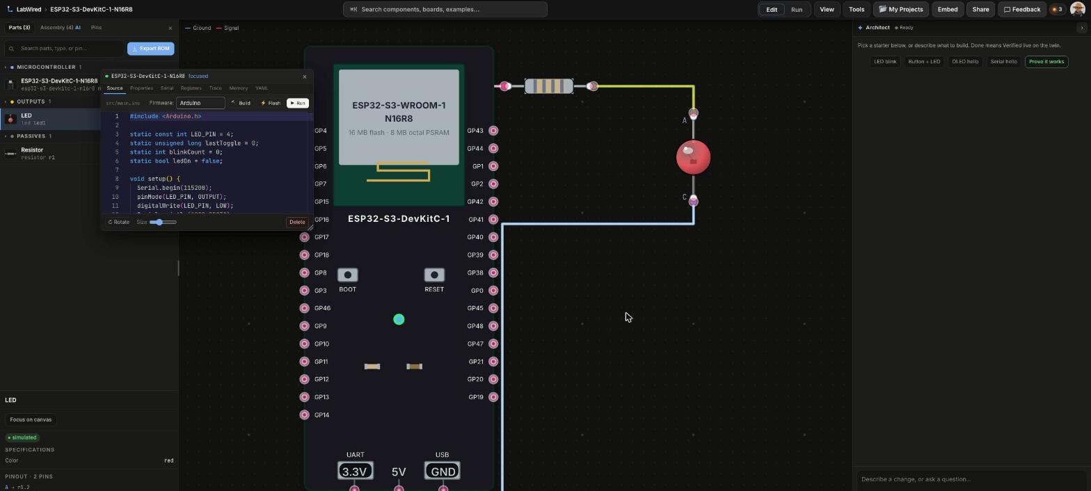 The same circuit is on the LabWired canvas. A wire goes from GP4 to a 330 ohm resistor. The resistor goes to the LED anode. The LED cathode goes to GND. The Arduino sketch is open in the editor.